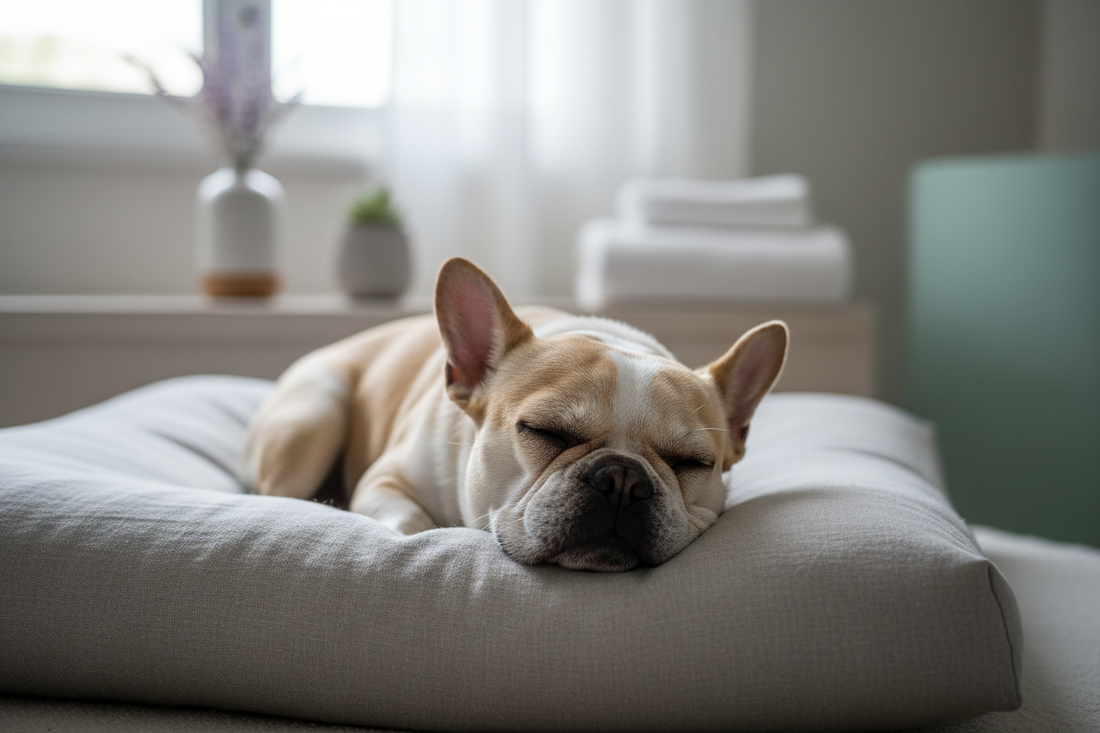 Bouledogue français au repos, soins bien-être respiratoires
