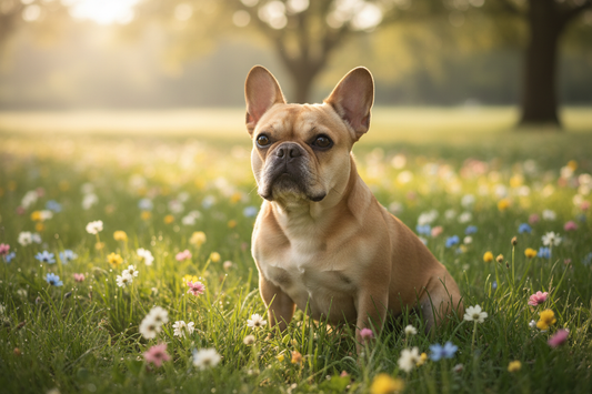Bouledogue français avec une peau saine et apaisée dans un cadre naturel aux tons doux